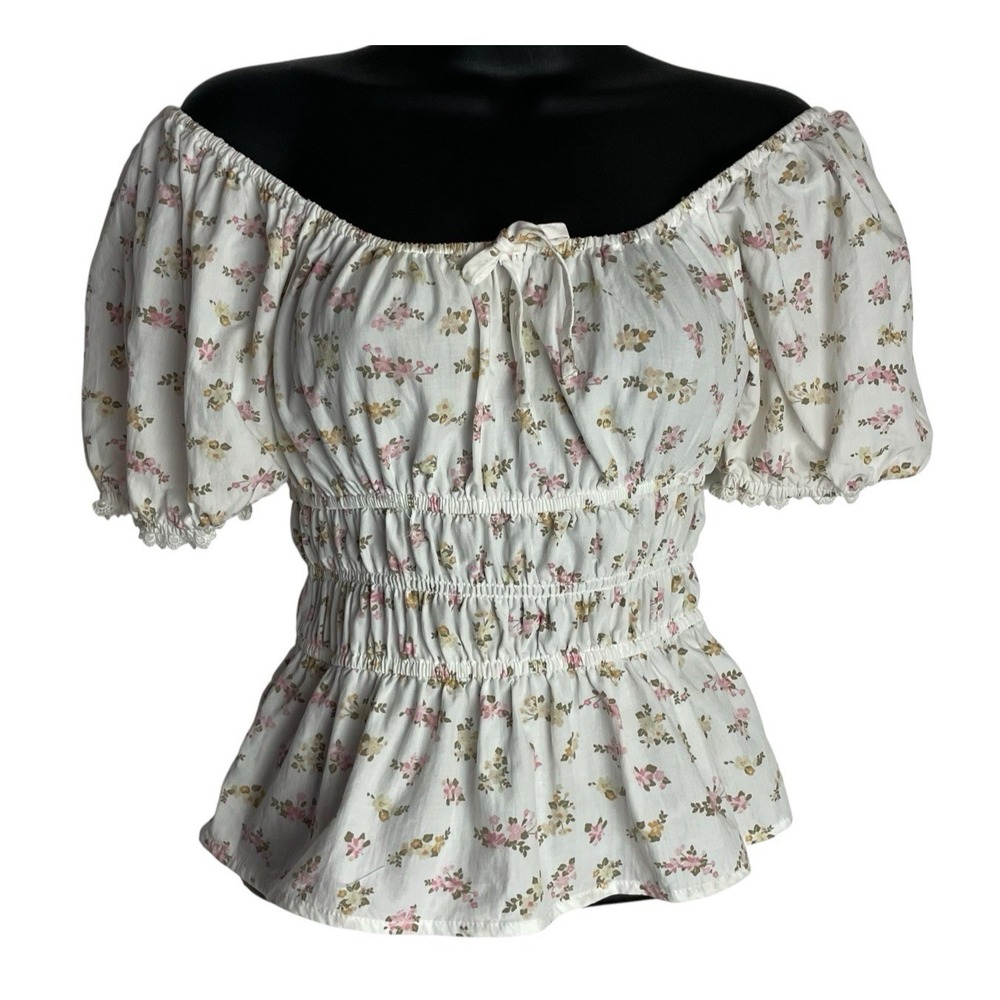 Milkmaid Smocked Off Shoulder Top Size XS Cream Ditzy Floral Babydoll Peasant